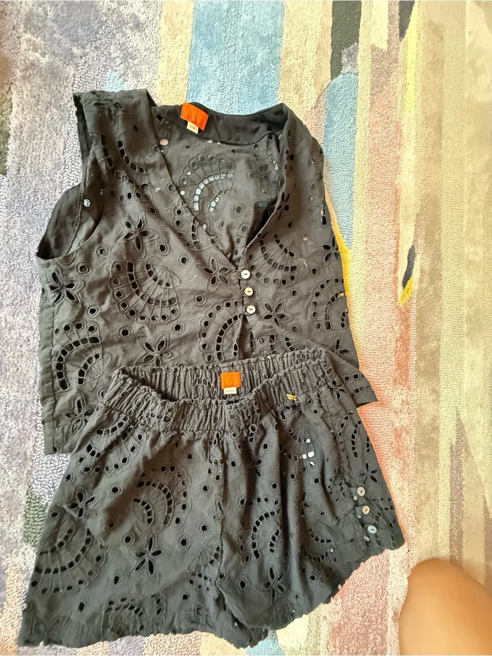 Women's Black Eyelet Button-Up Top & Elastic Waist Shorts Set